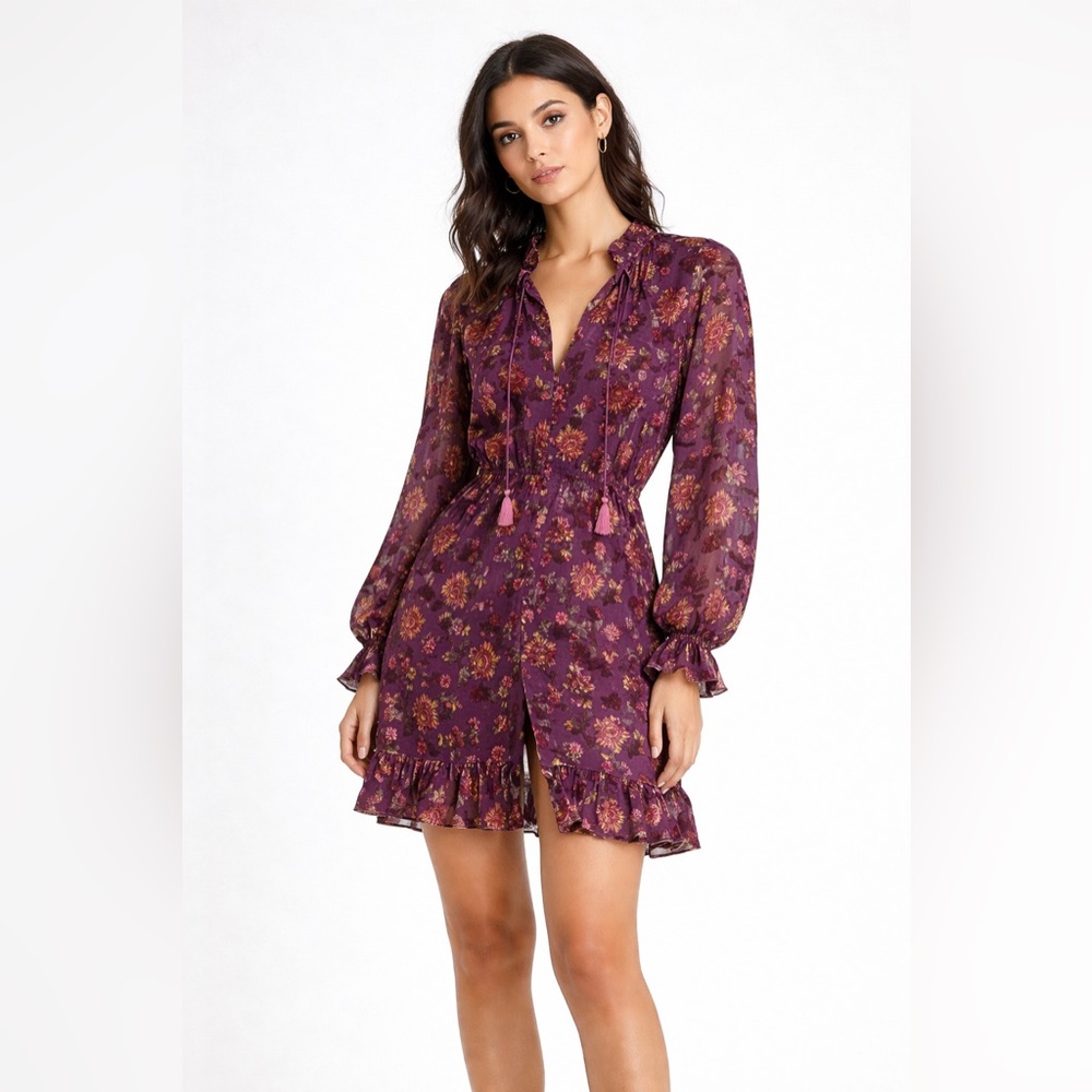 NWT Just Bellina Talula Plum Velvet Floral Mini Dress Boho Button Front - Small